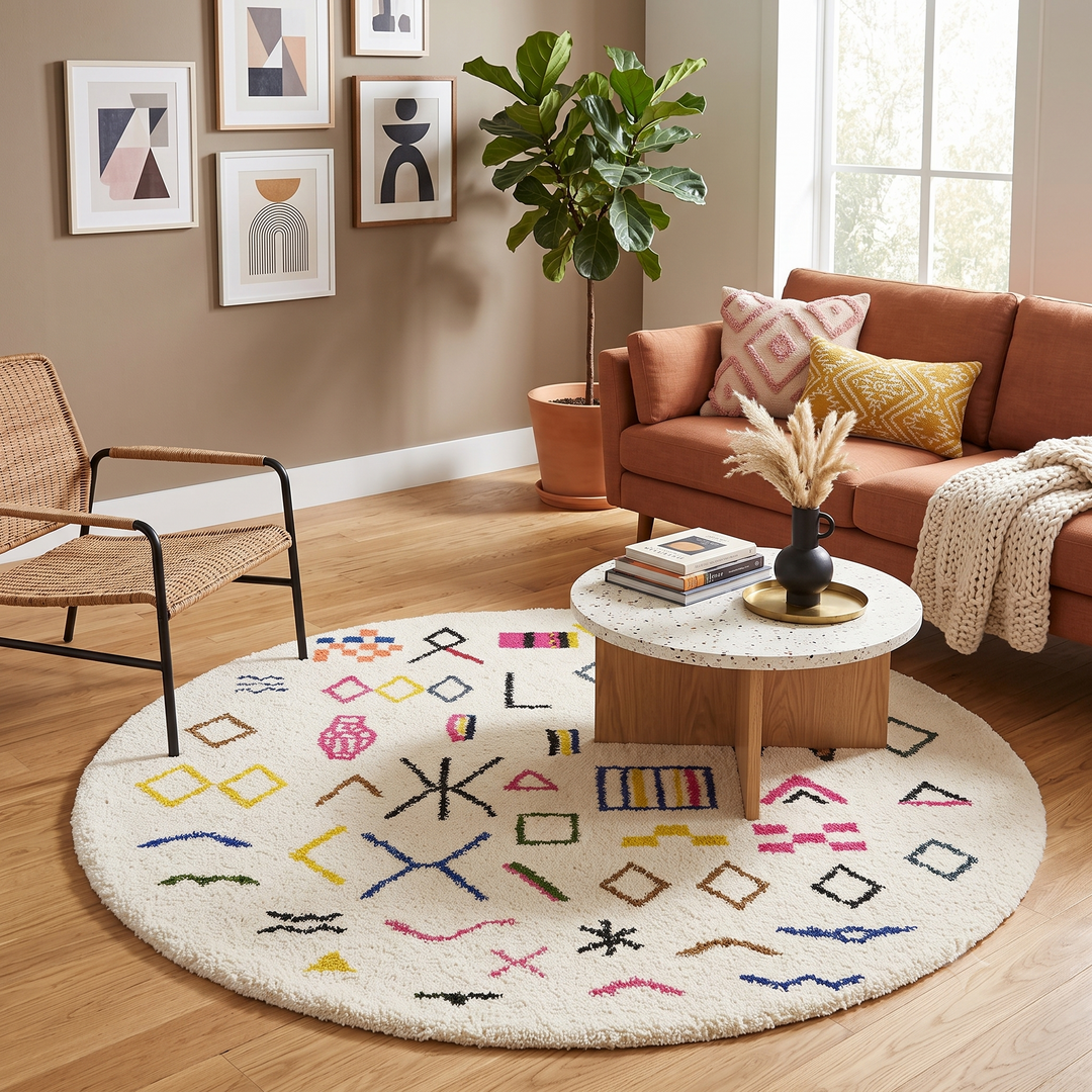 Round Moroccan wool rug with colorful Berber tribal symbols on a white background