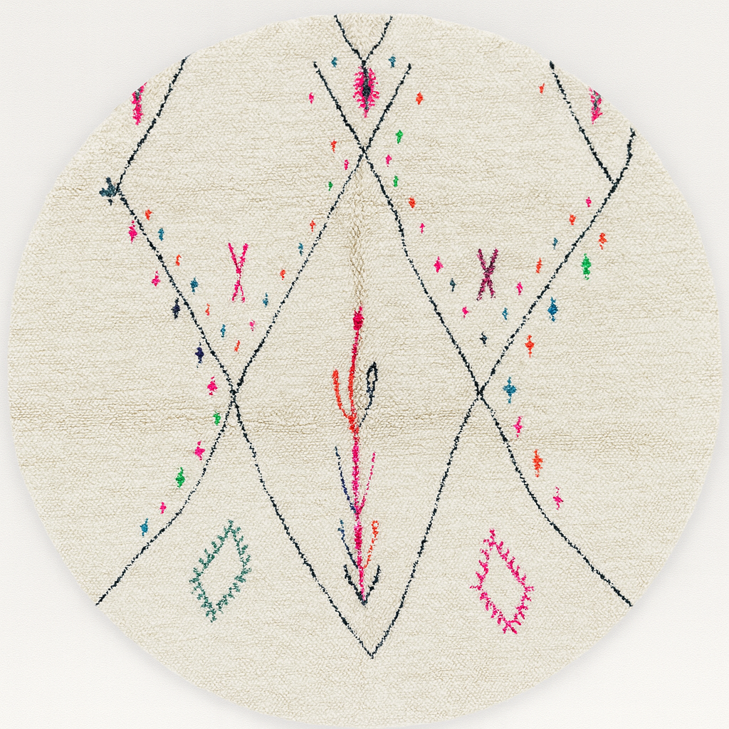 Round Moroccan wool rug with minimal Berber symbols on a white  background