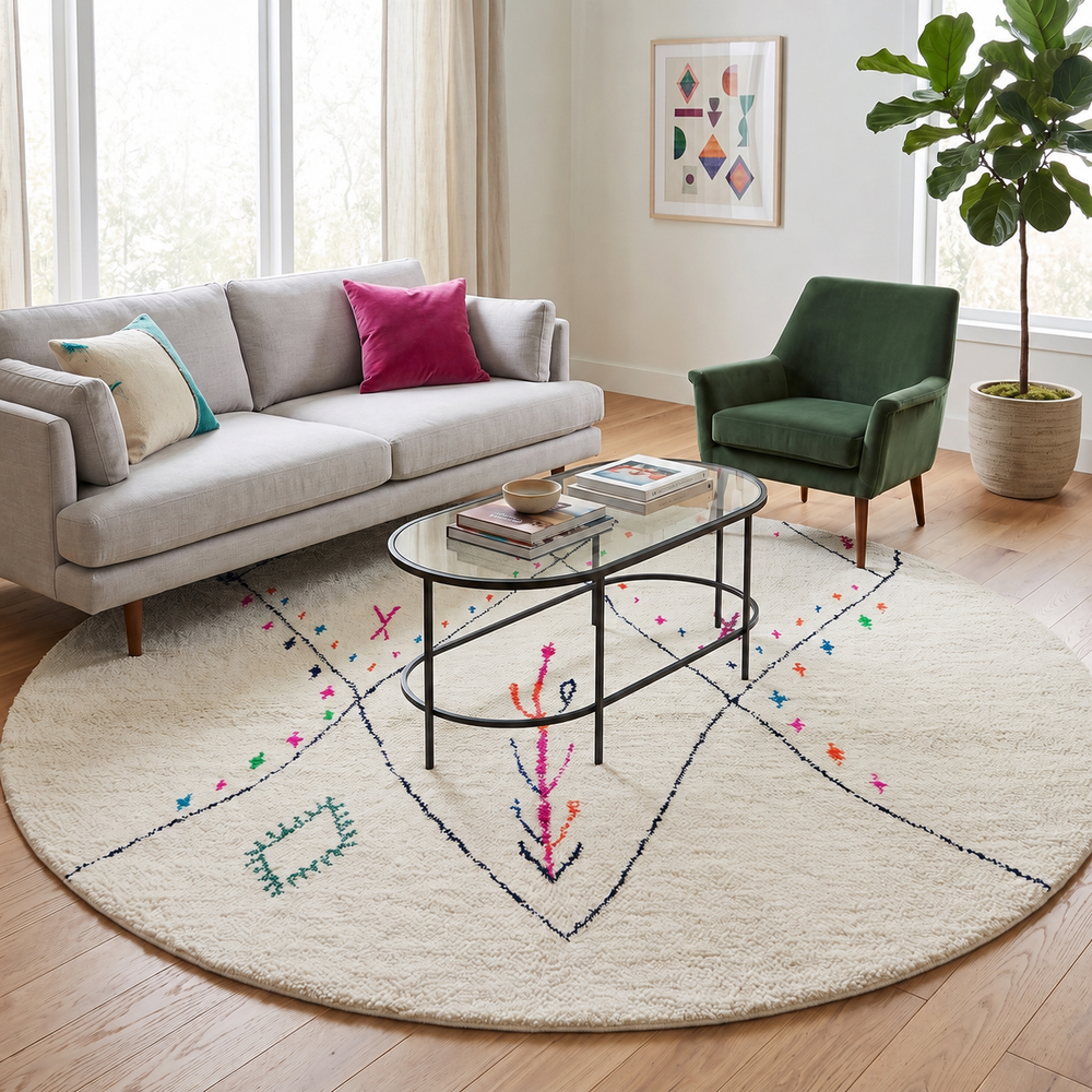 Round Moroccan wool rug with minimal Berber symbols on a white  background