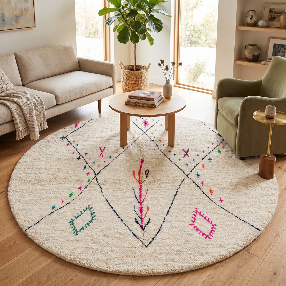 Round Moroccan wool rug with minimal Berber symbols on a white  background