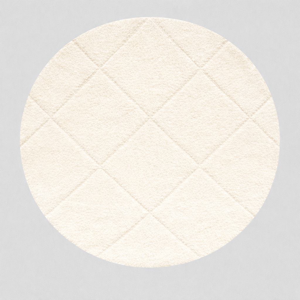 Round Moroccan wool rug with white color and hand-carved diamond lines
