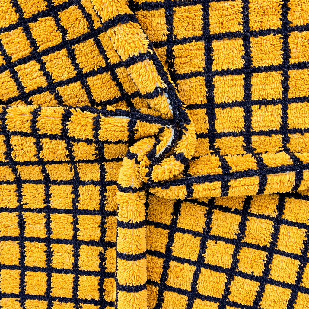 Round handmade Moroccan wool rug in mustard yellow with bold black grid pattern on white background