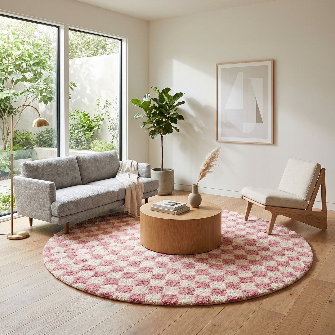 Handmade round Moroccan wool rug with pink and white checkerboard pattern, featuring a soft plush texture.