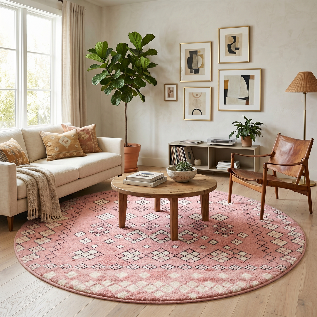 Round pink Moroccan wool rug with ivory diamond Berber motifs and fine black geometric lines, handmade Amazigh wool area rug.