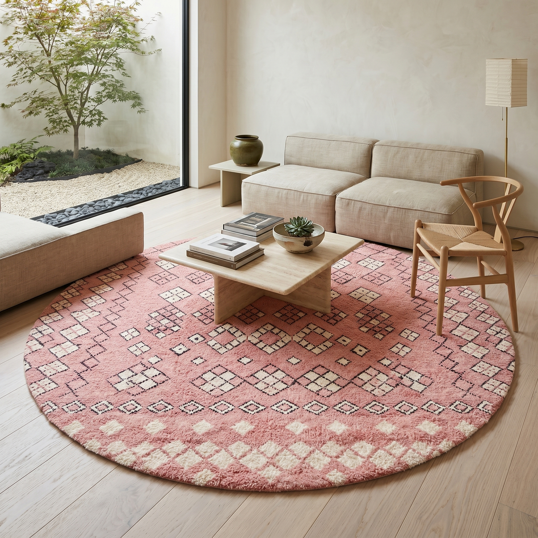 Round pink Moroccan wool rug with ivory diamond Berber motifs and fine black geometric lines, handmade Amazigh wool area rug.