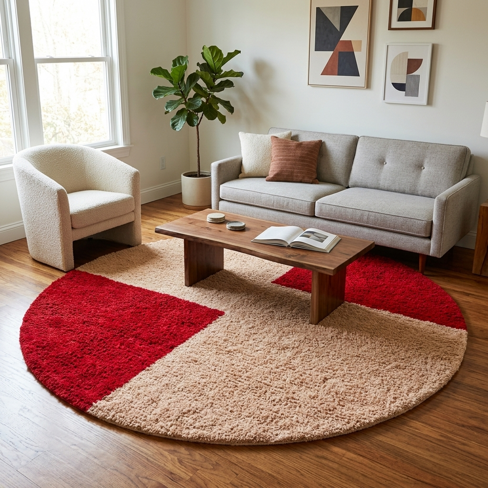 Handmade round Moroccan wool rug with modern geometric Berber design and plush handwoven texture.
