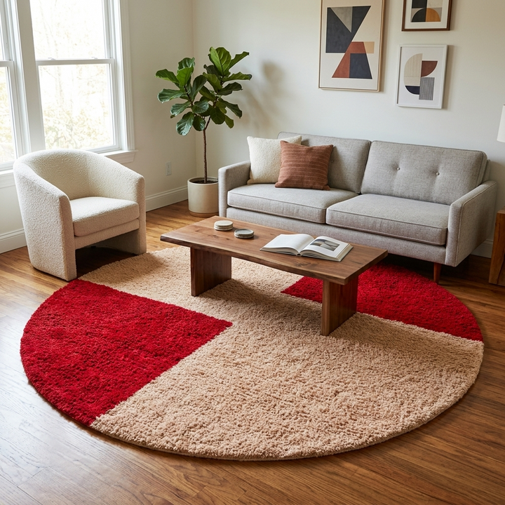 Handmade round Moroccan wool rug with modern geometric Berber design and plush handwoven texture.