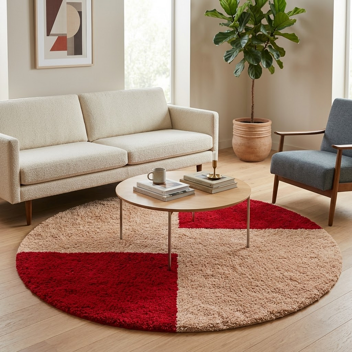 Handmade round Moroccan wool rug with modern geometric Berber design and plush handwoven texture.