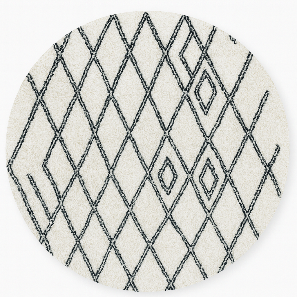 Round white Moroccan wool rug with black Beni Ourain diamond pattern