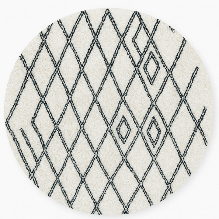 Round white Moroccan wool rug with black Beni Ourain diamond pattern