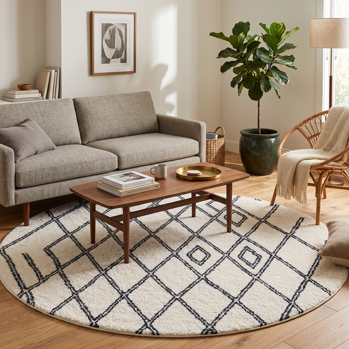 Round white Moroccan wool rug with black Beni Ourain diamond pattern