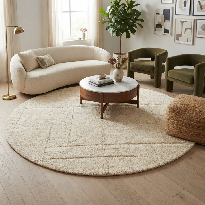 Round white Moroccan wool rug with subtle carved geometric line pattern