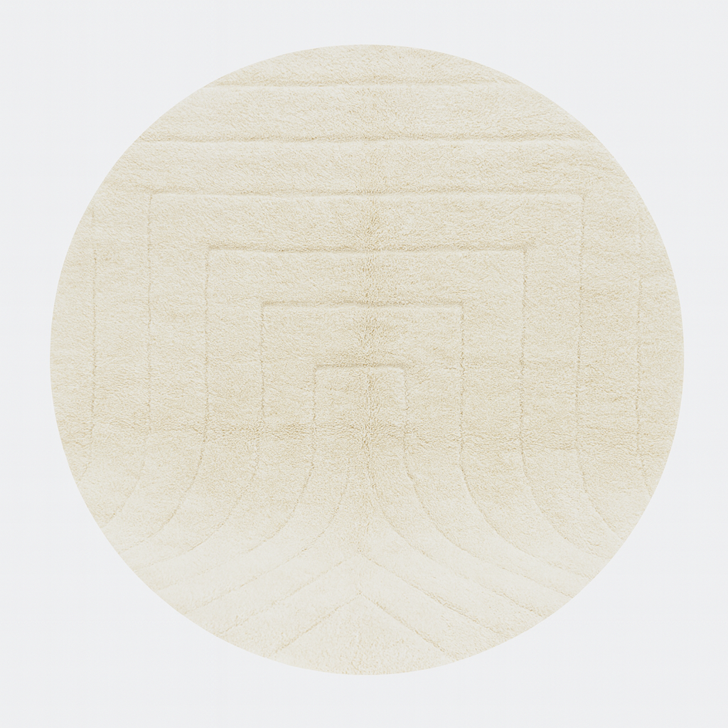 Round white Moroccan wool rug with subtle carved geometric line pattern