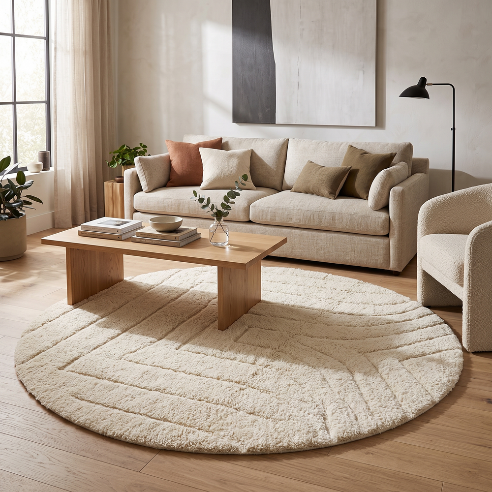 Round white Moroccan wool rug with subtle carved geometric line pattern