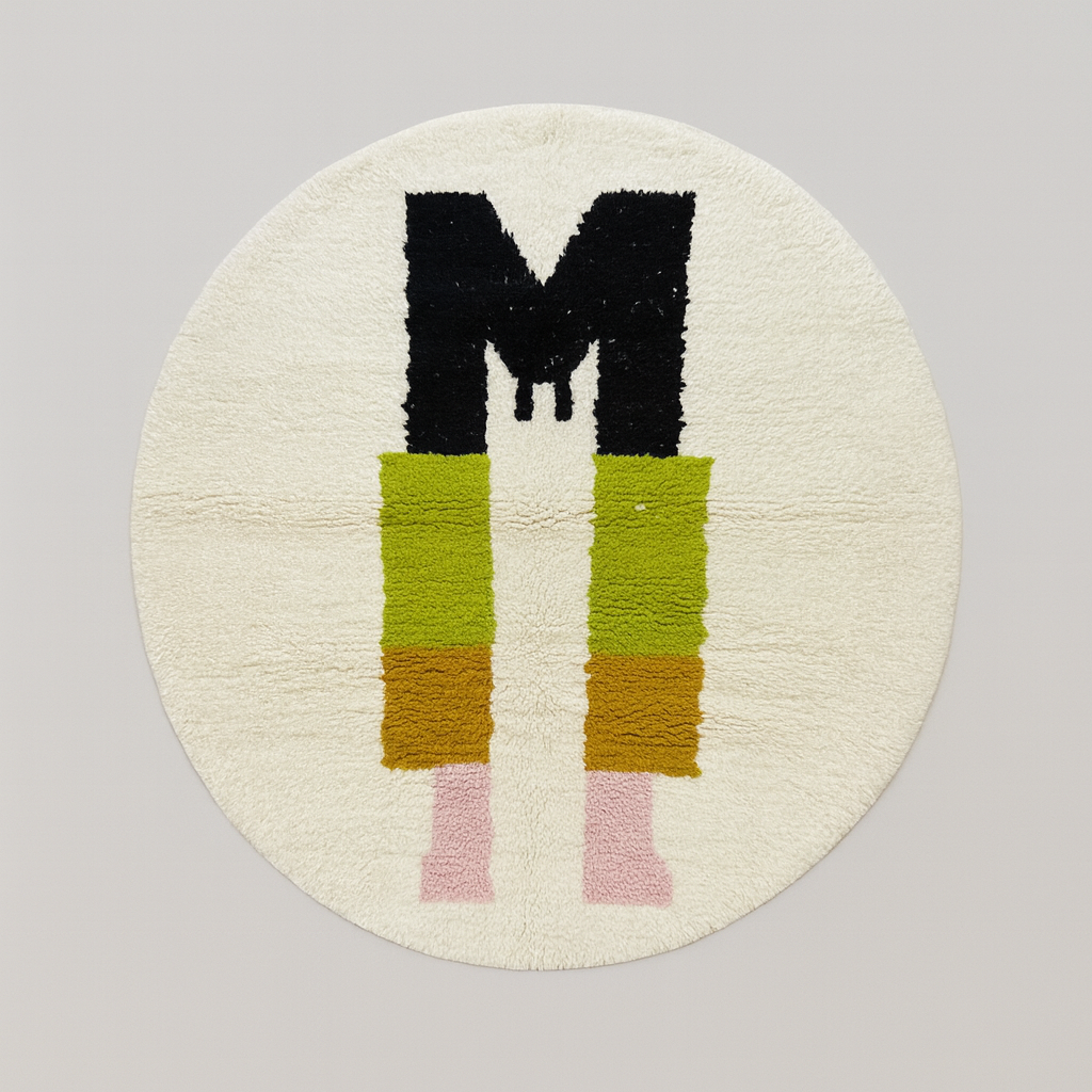 Round white Moroccan wool rug with modern abstract multicolor design