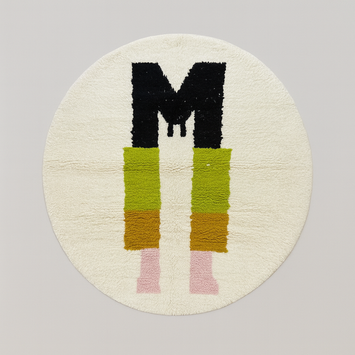 Round white Moroccan wool rug with modern abstract multicolor design