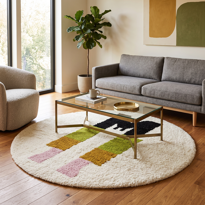 Round white Moroccan wool rug with modern abstract multicolor design