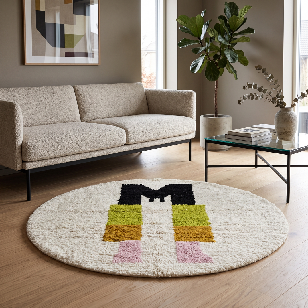 Round white Moroccan wool rug with modern abstract multicolor design