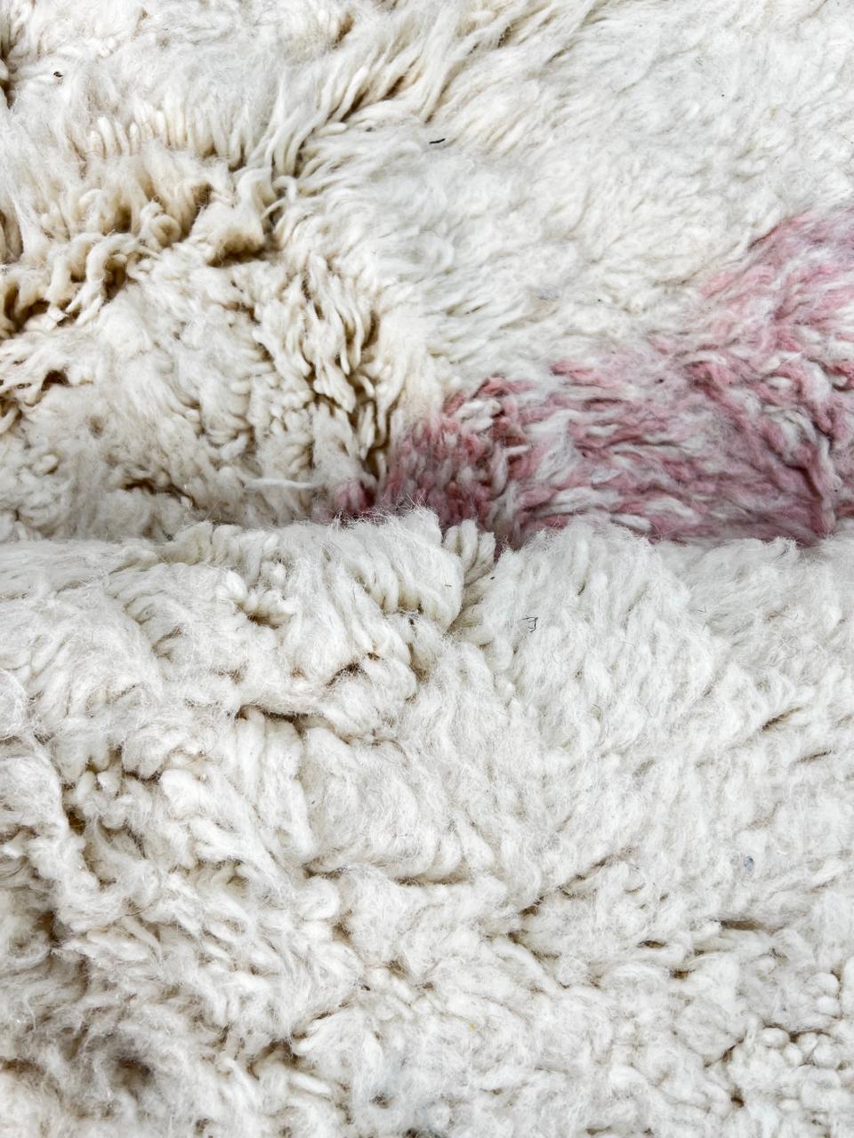 Round white Moroccan wool rug with modern abstract multicolor design