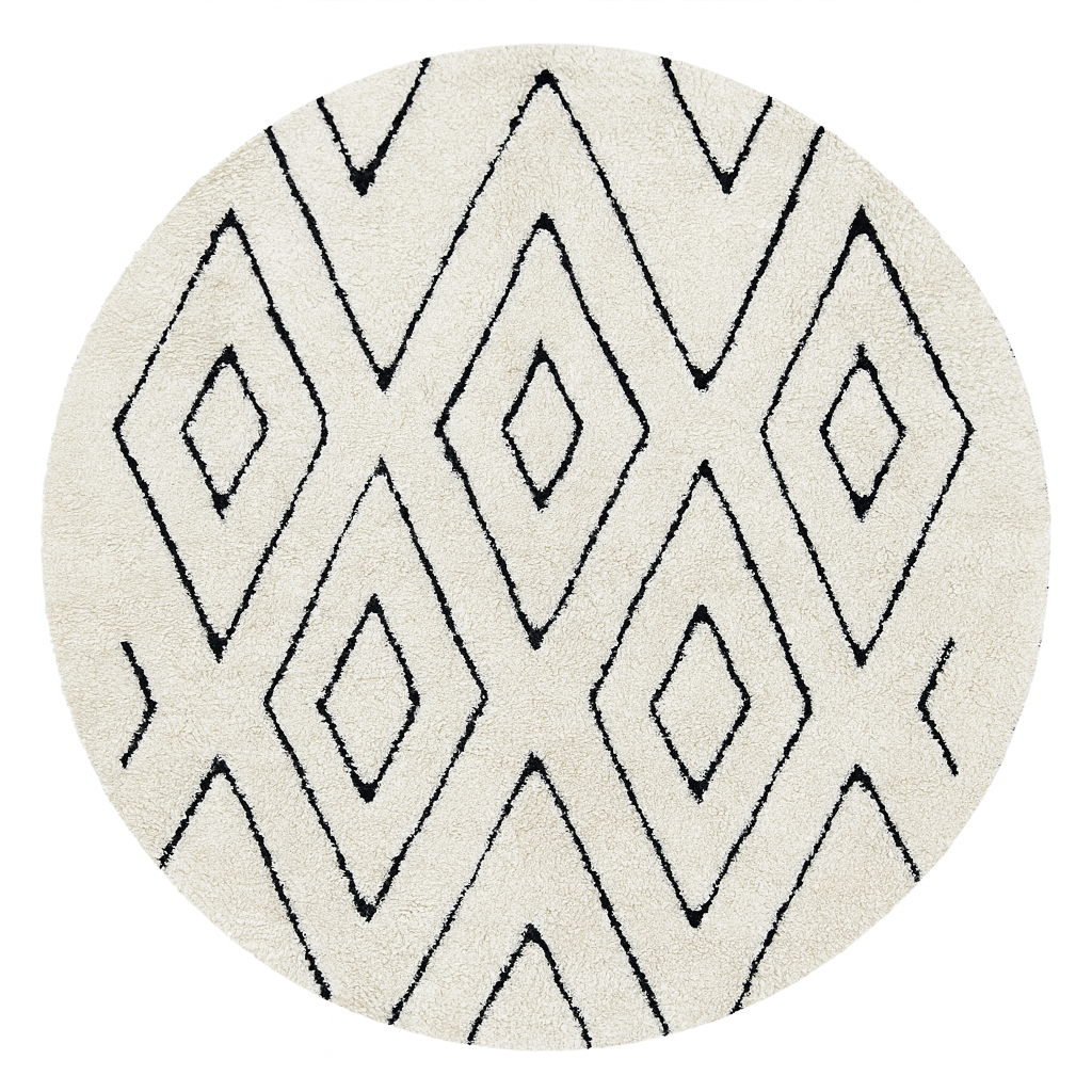 Round white Moroccan rug with black Berber diamond pattern