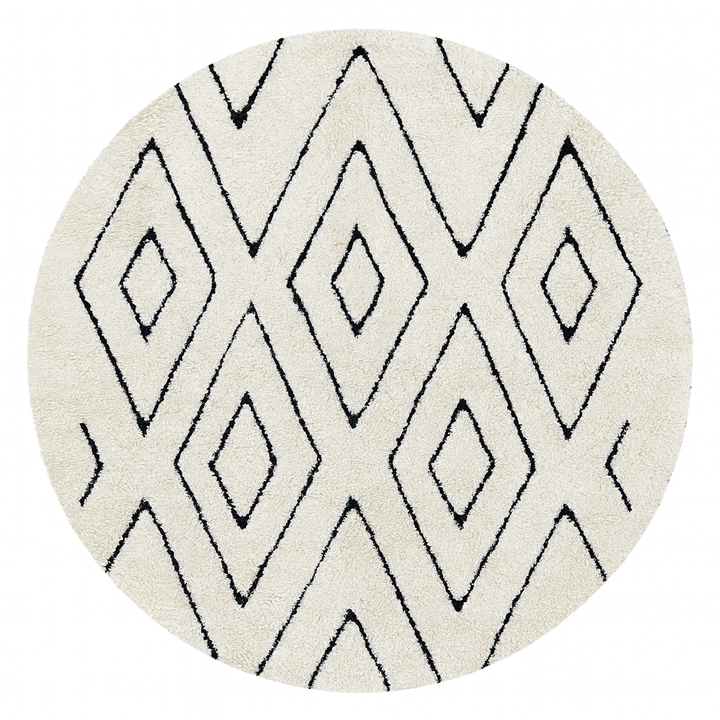 Round white Moroccan rug with black Berber diamond pattern