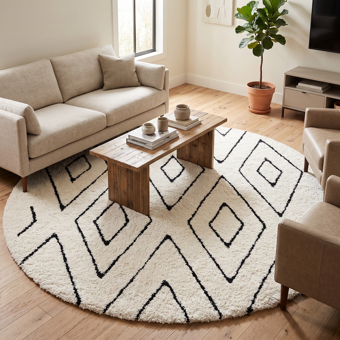 Round white Moroccan rug with black Berber diamond pattern