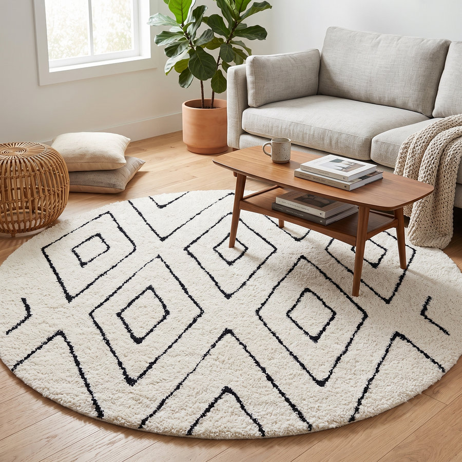 Round white Moroccan rug with black Berber diamond pattern