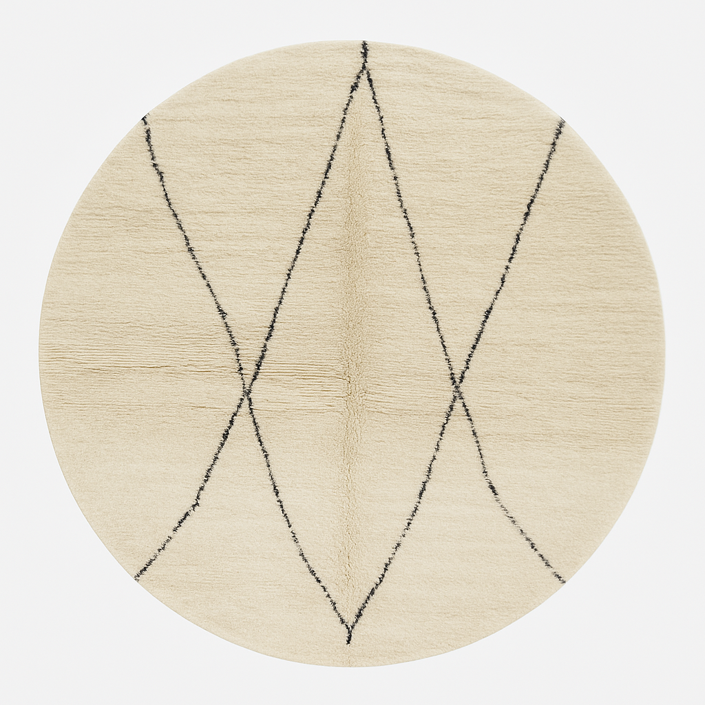 Round white Moroccan rug with black diamond line pattern, handmade wool design