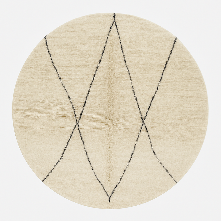 Round white Moroccan rug with black diamond line pattern, handmade wool design