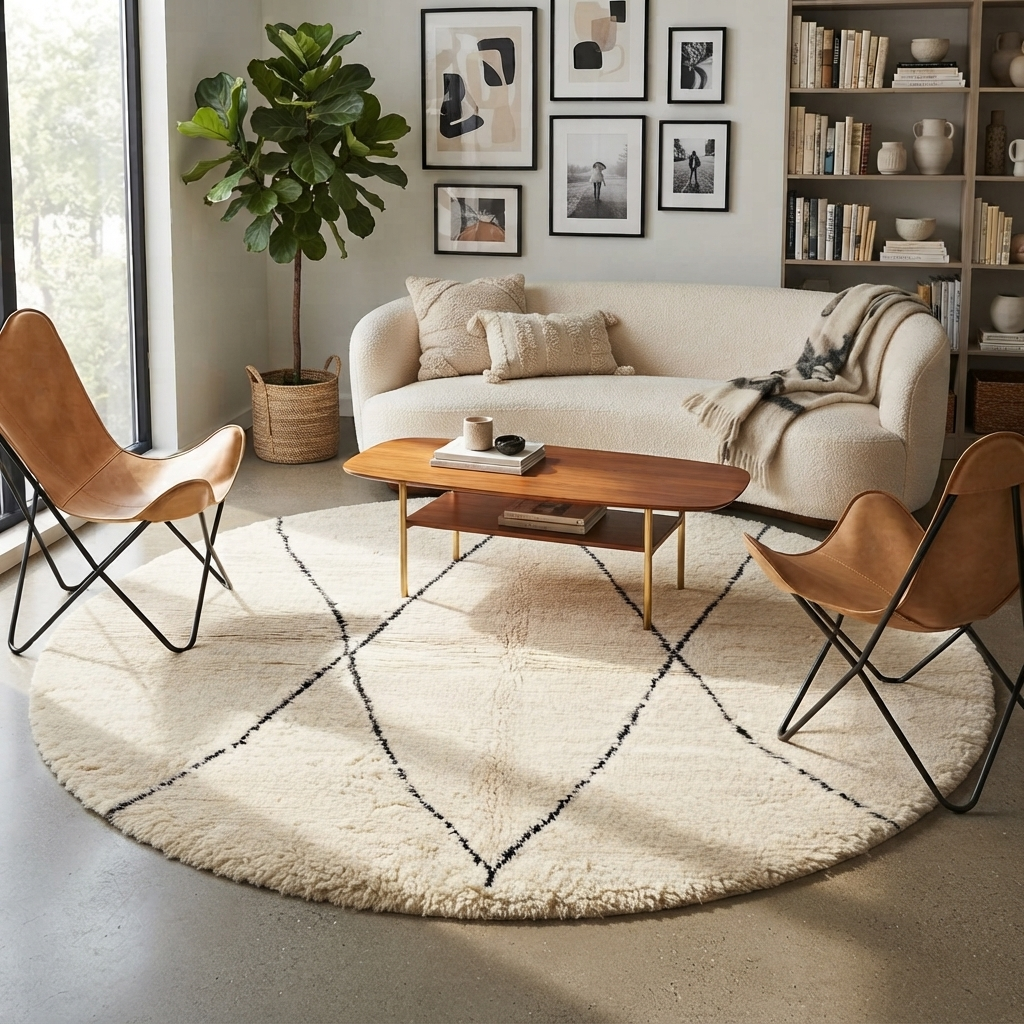 Round white Moroccan rug with black diamond line pattern, handmade wool design