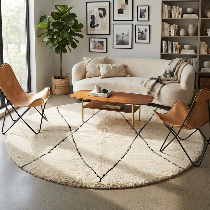 Round white Moroccan rug with black diamond line pattern, handmade wool design