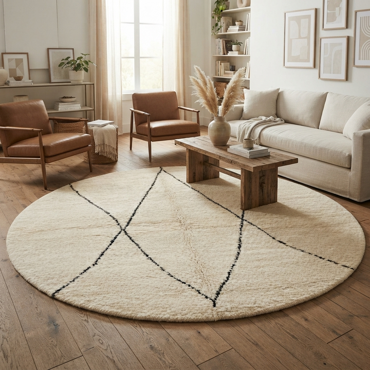 Round white Moroccan rug with black diamond line pattern, handmade wool design