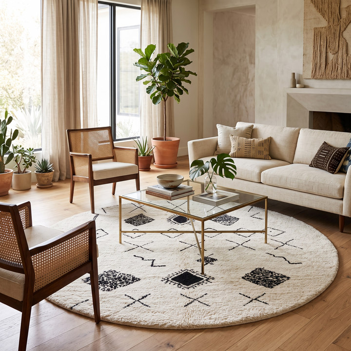 Round white Moroccan wool rug with black Berber symbols and geometric patterns on white background