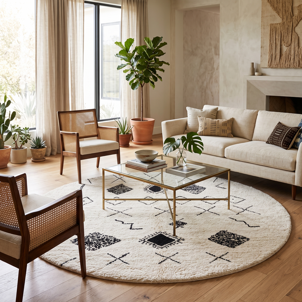Round white Moroccan wool rug with black Berber symbols and geometric patterns on white background