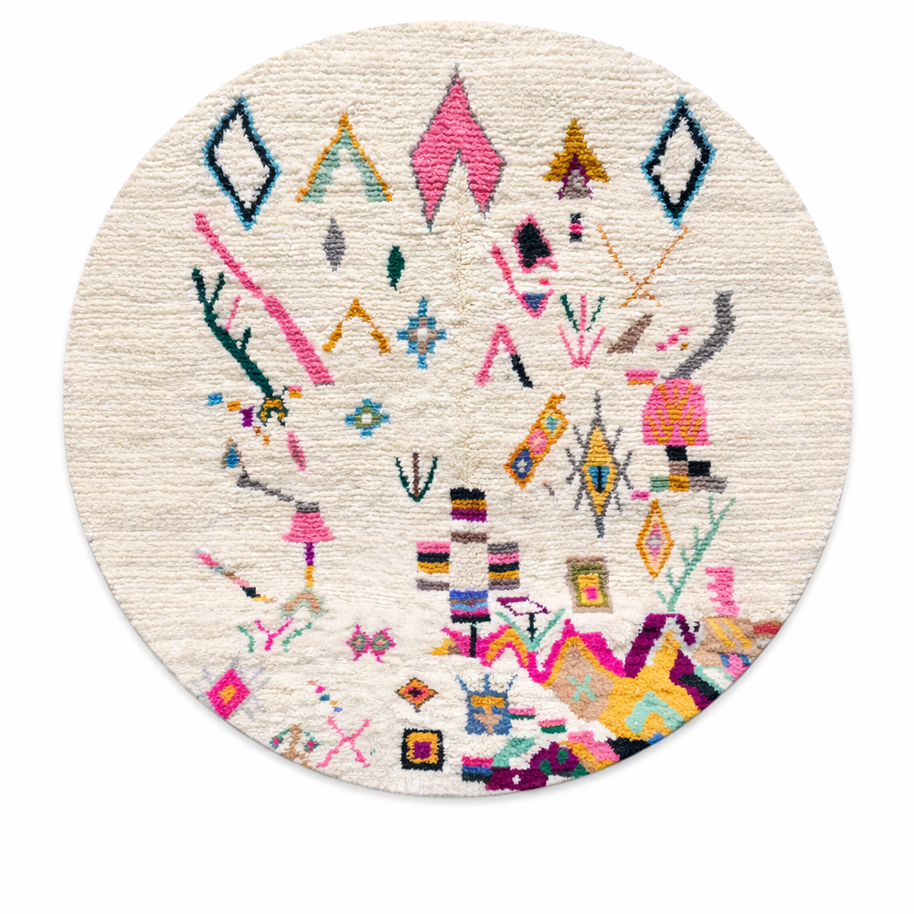 Round white Moroccan wool rug with colorful Berber symbols on white background
