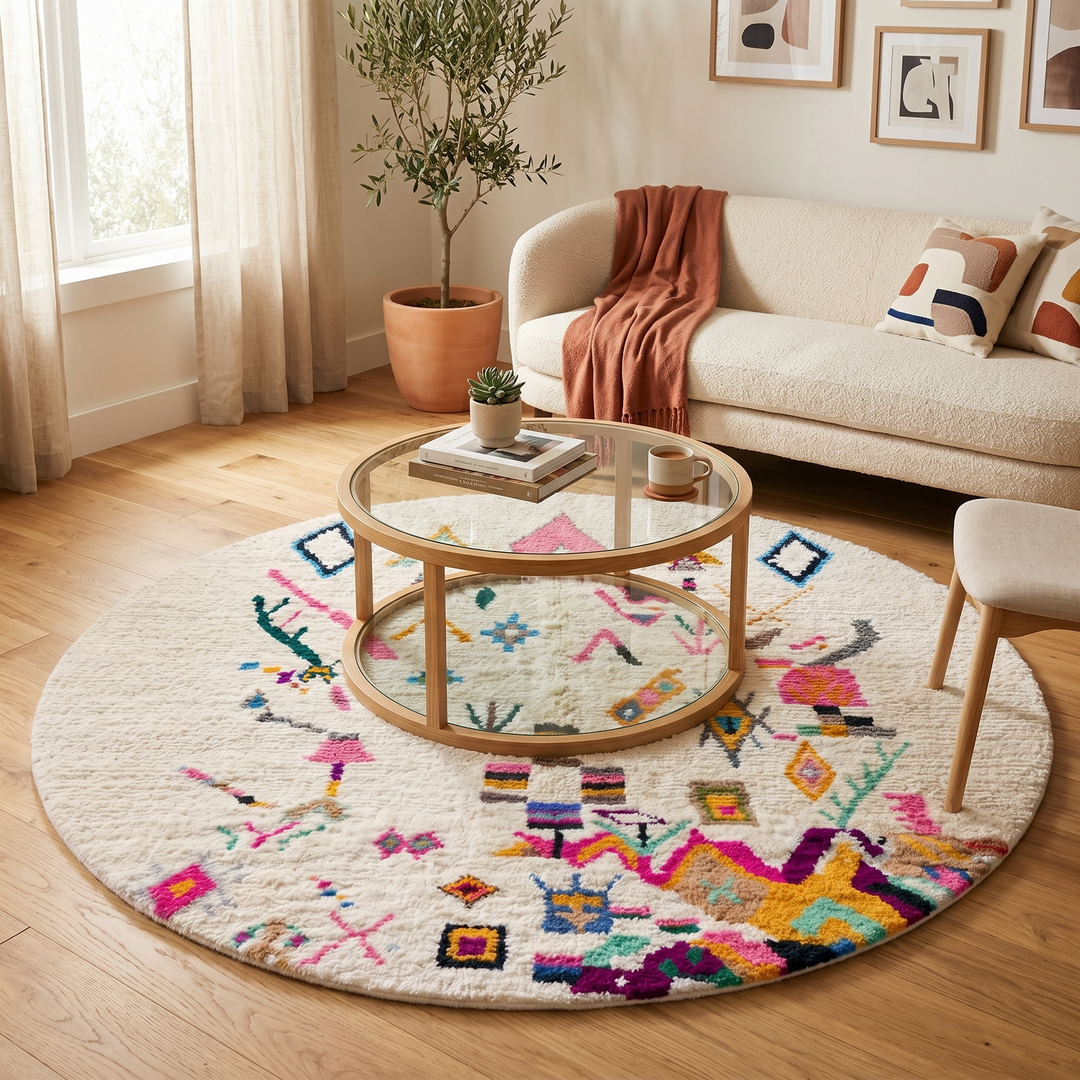 Round white Moroccan wool rug with colorful Berber symbols on white background