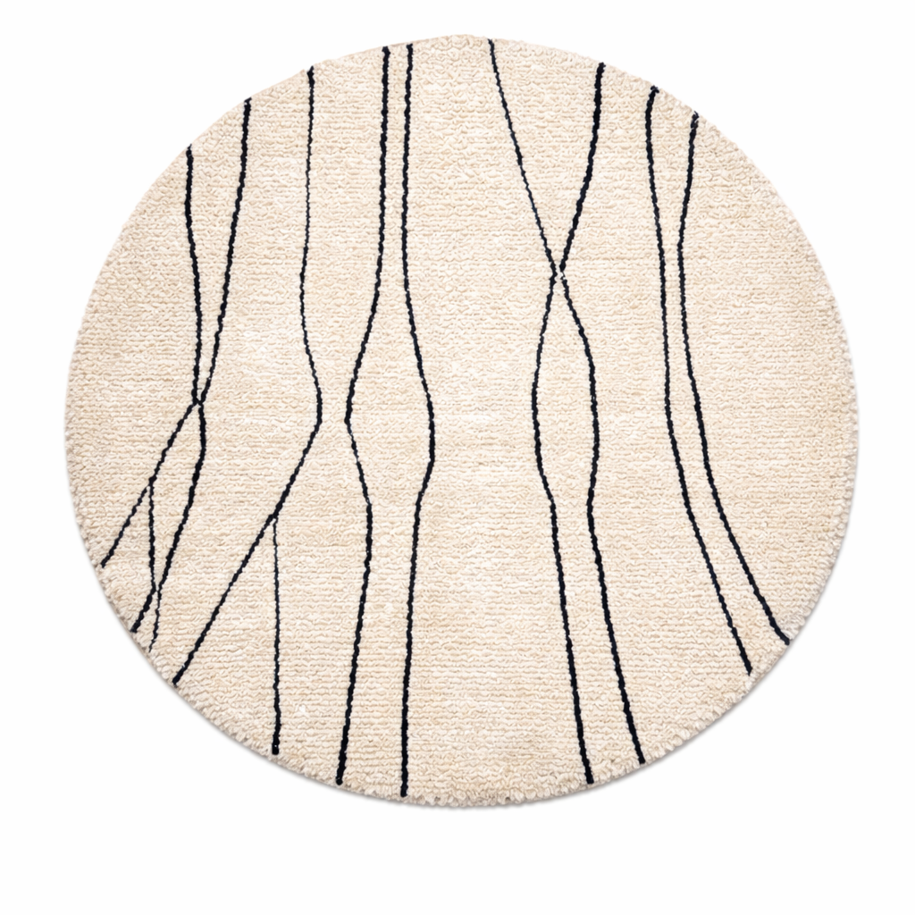 Round white Moroccan wool rug with minimalist black Berber lines, handmade artisan round rug on white background