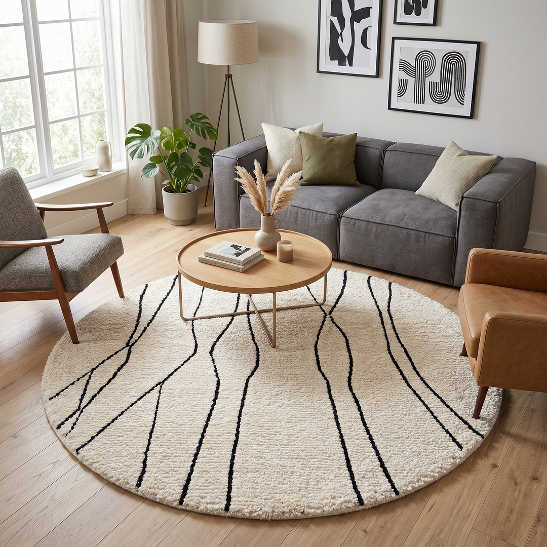 Round white Moroccan wool rug with minimalist black Berber lines, handmade artisan round rug on white background