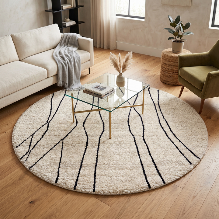 Round white Moroccan wool rug with minimalist black Berber lines, handmade artisan round rug on white background