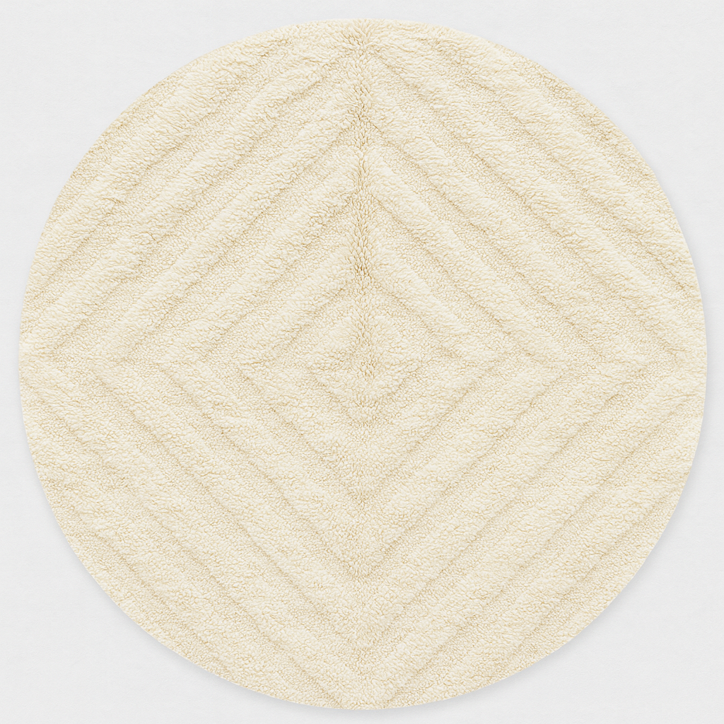 Round white Moroccan wool shag rug with minimalist solid design