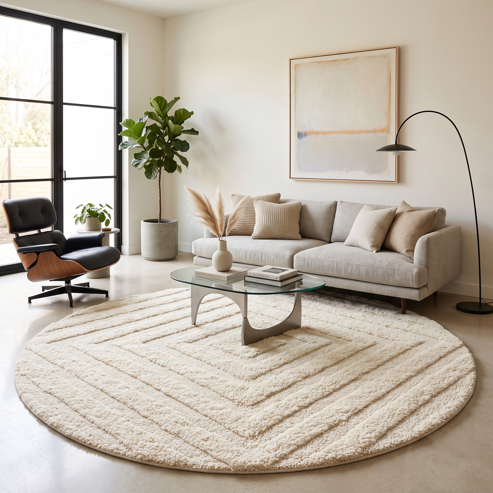 Round white Moroccan wool shag rug with minimalist solid design