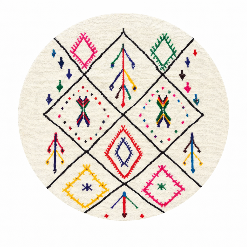 Handmade round Moroccan wool rug with colorful Berber symbols and black geometric lines