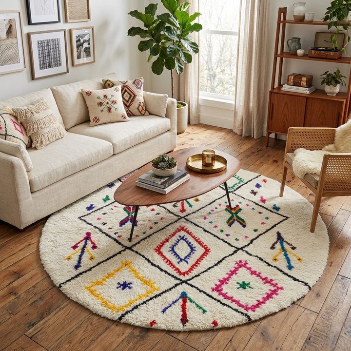Handmade round Moroccan wool rug with colorful Berber symbols and black geometric lines