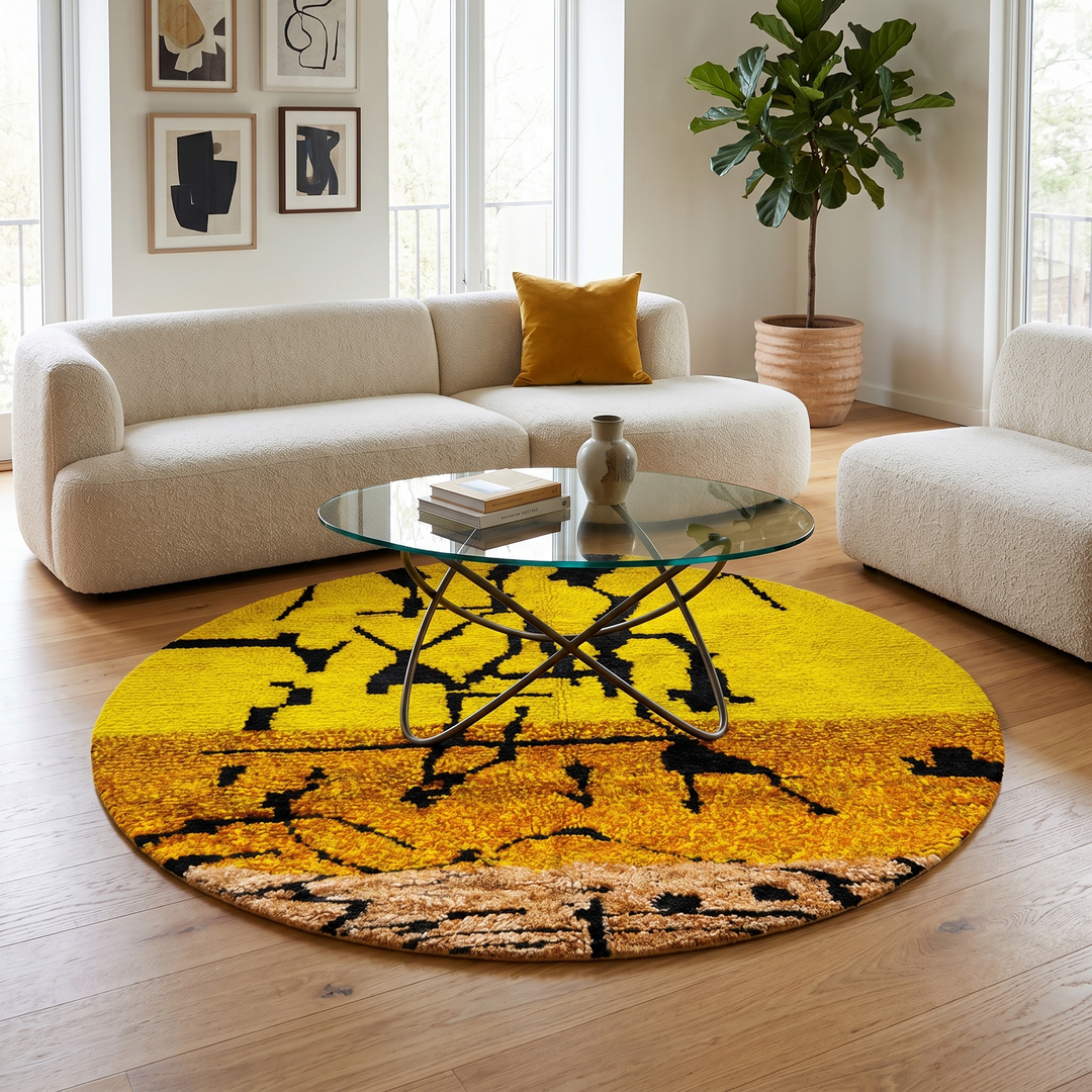 Handmade round Moroccan wool rug featuring vibrant yellow tones with black abstract Berber motifs and a plush textured pile.