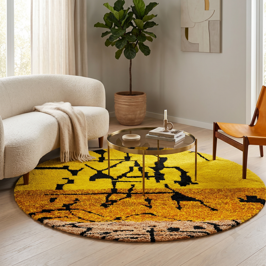 Handmade round Moroccan wool rug featuring vibrant yellow tones with black abstract Berber motifs and a plush textured pile.