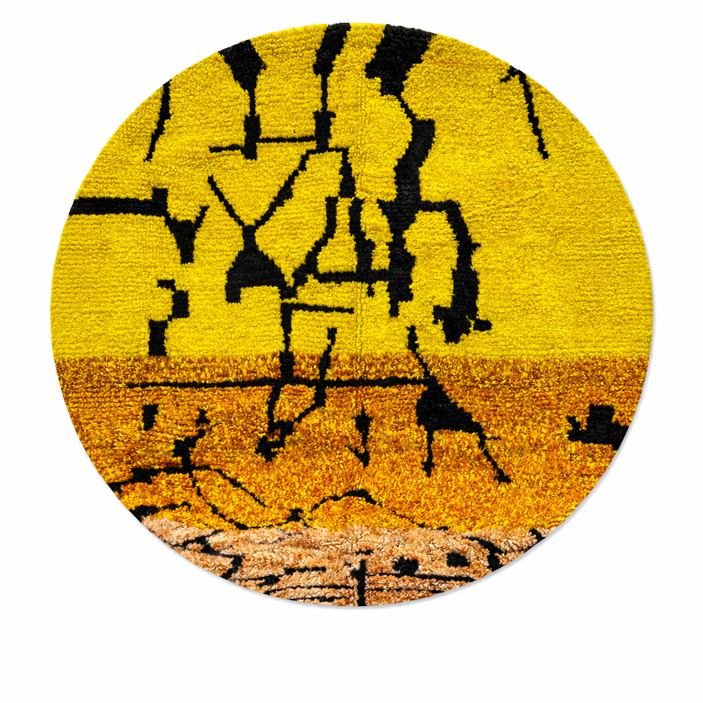 Handmade round Moroccan wool rug featuring vibrant yellow tones with black abstract Berber motifs and a plush textured pile.