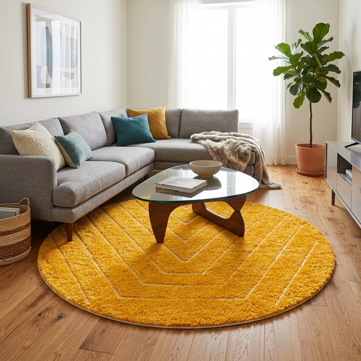 Round handmade Moroccan wool rug in golden yellow with chevron pattern