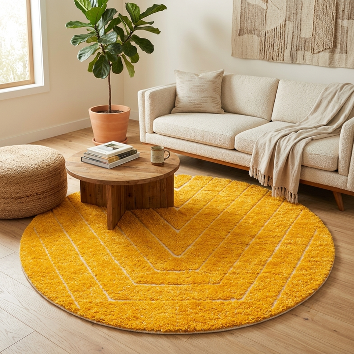 Round handmade Moroccan wool rug in golden yellow with chevron pattern