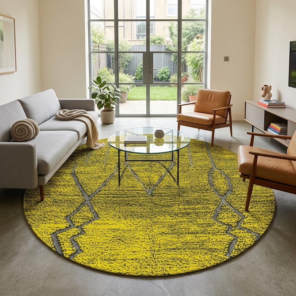 Round green and yellow Moroccan rug with Berber lines