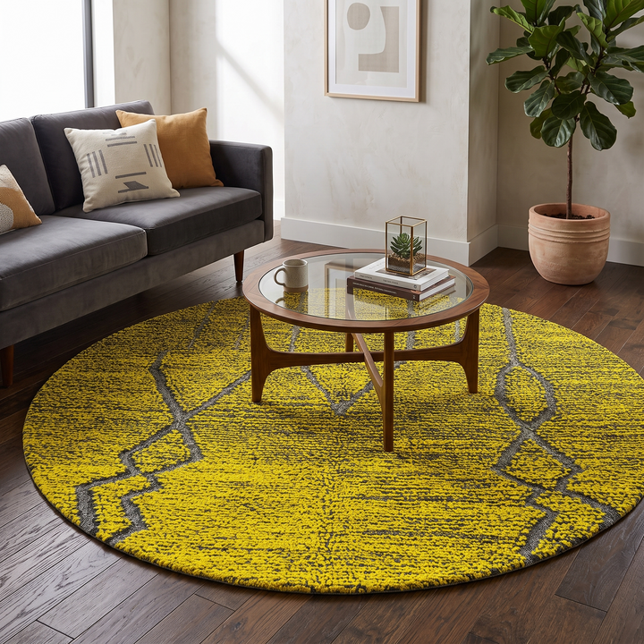 Round green and yellow Moroccan rug with Berber lines